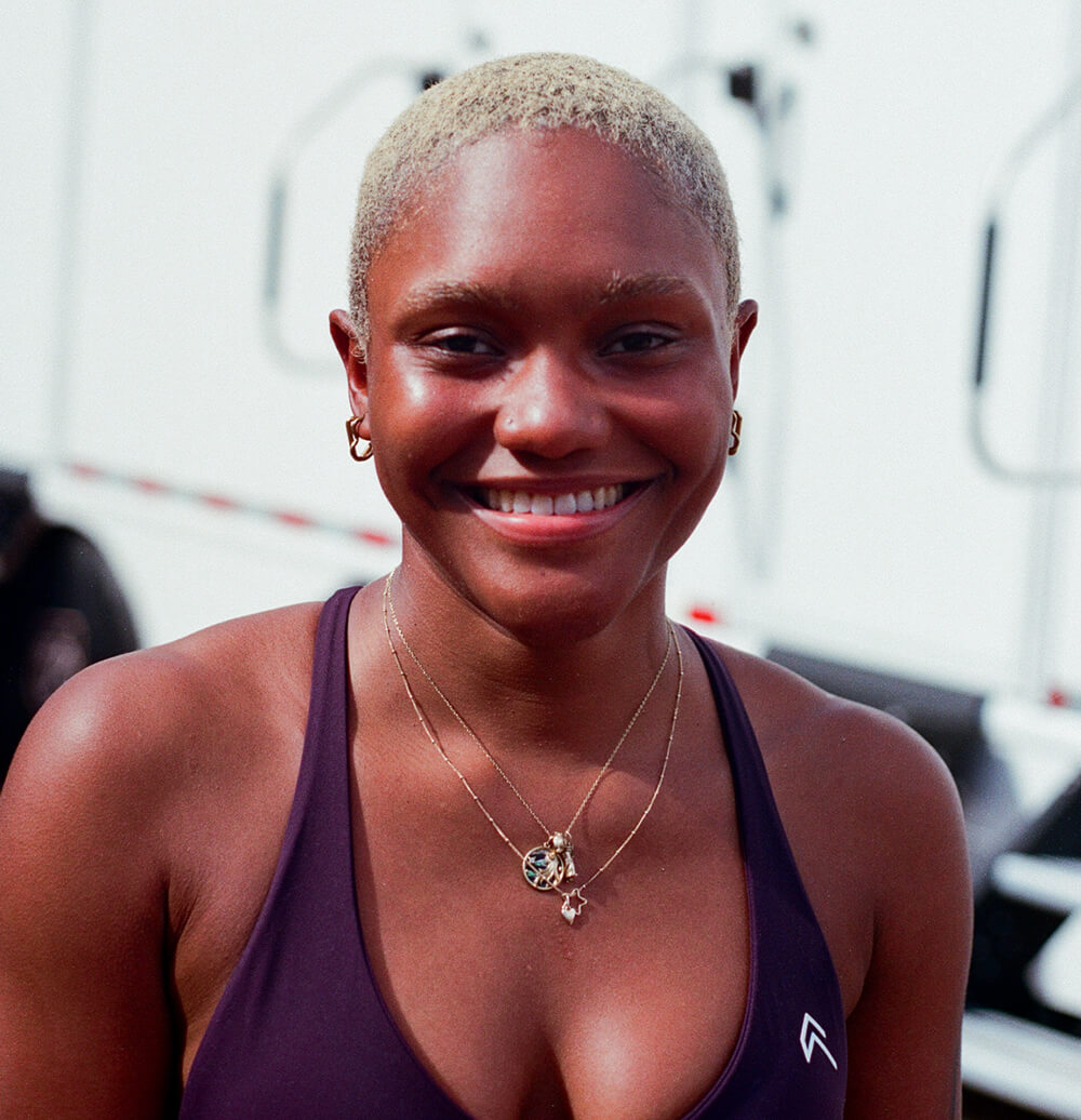 Womane with short bleached blonde hair